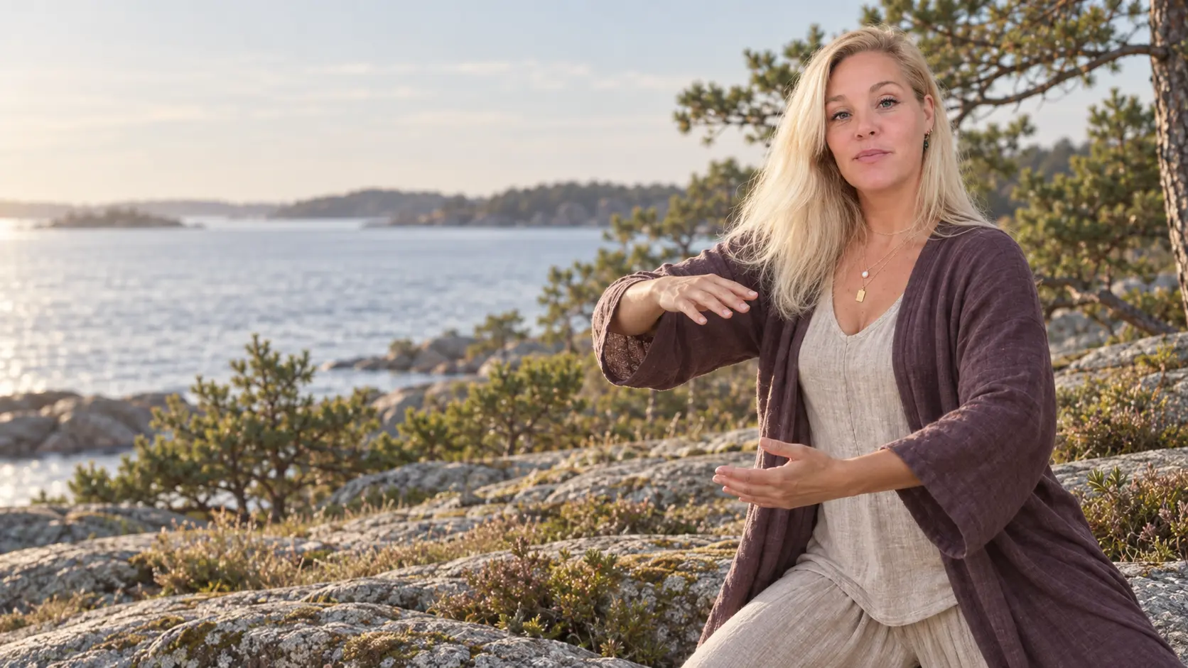 Johanna gör qigong på klipporna vid havet