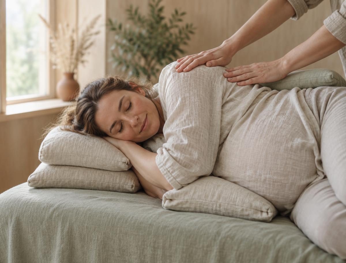 En gravid kvinna vilar på sidan med stöd av kuddar medan Johanna masserar axeln och övre ryggen varsamt